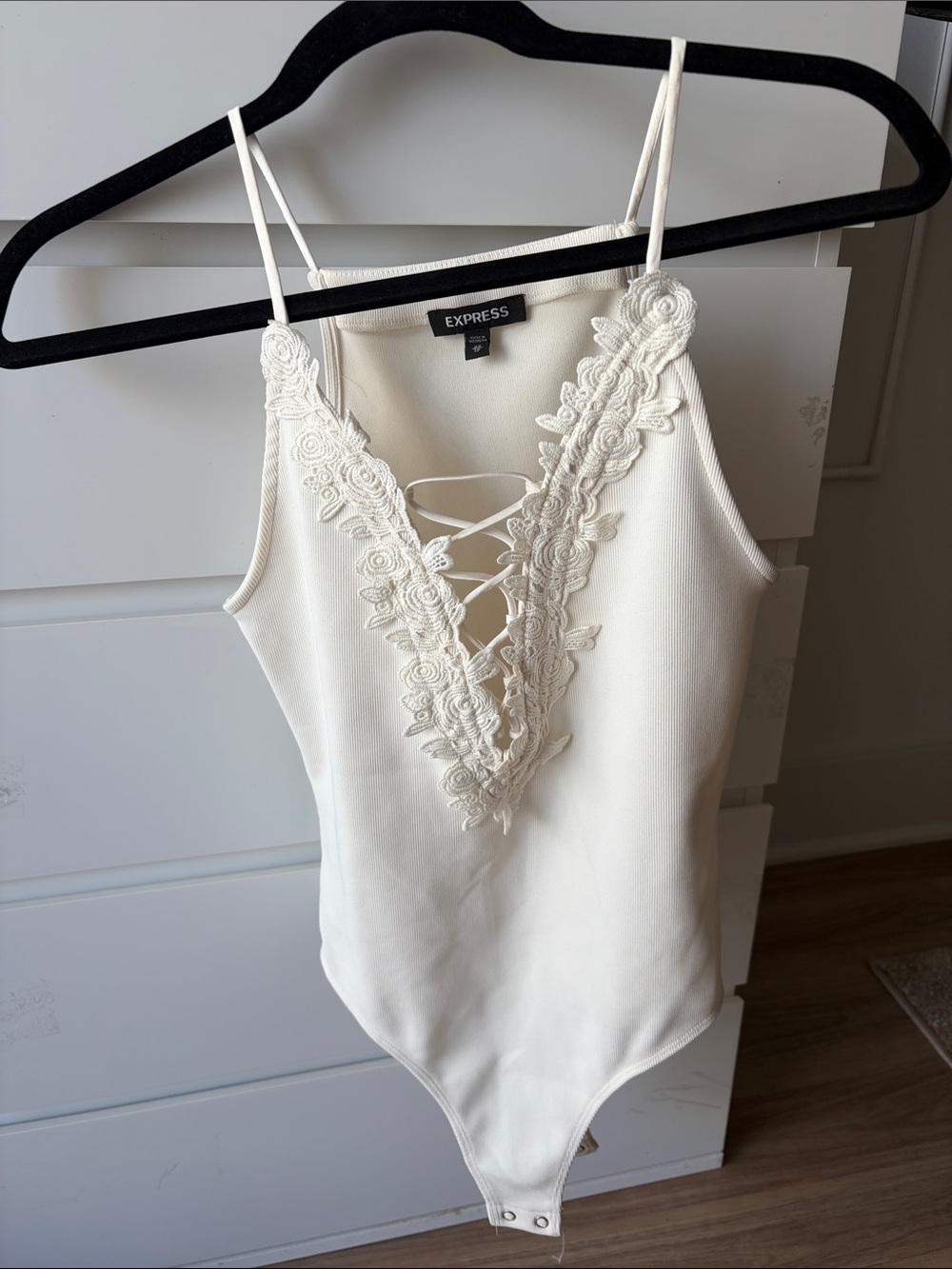 Express Ivory Lace-Up V-Neck Lace-Trim Bodysuit